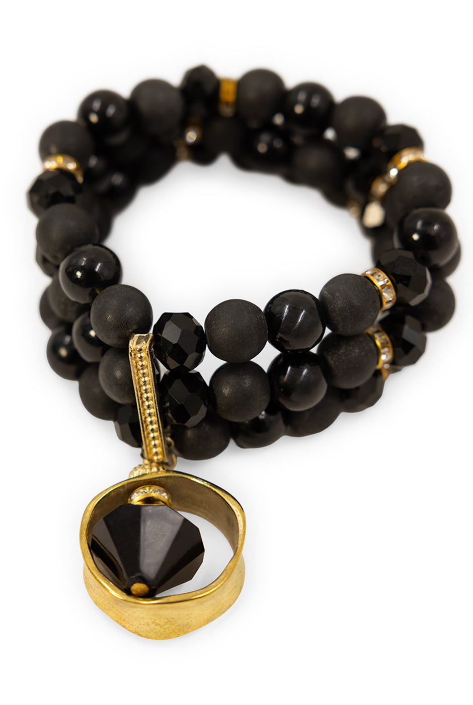 Pulsera negra de tres capas con cuentas y dije de rombo