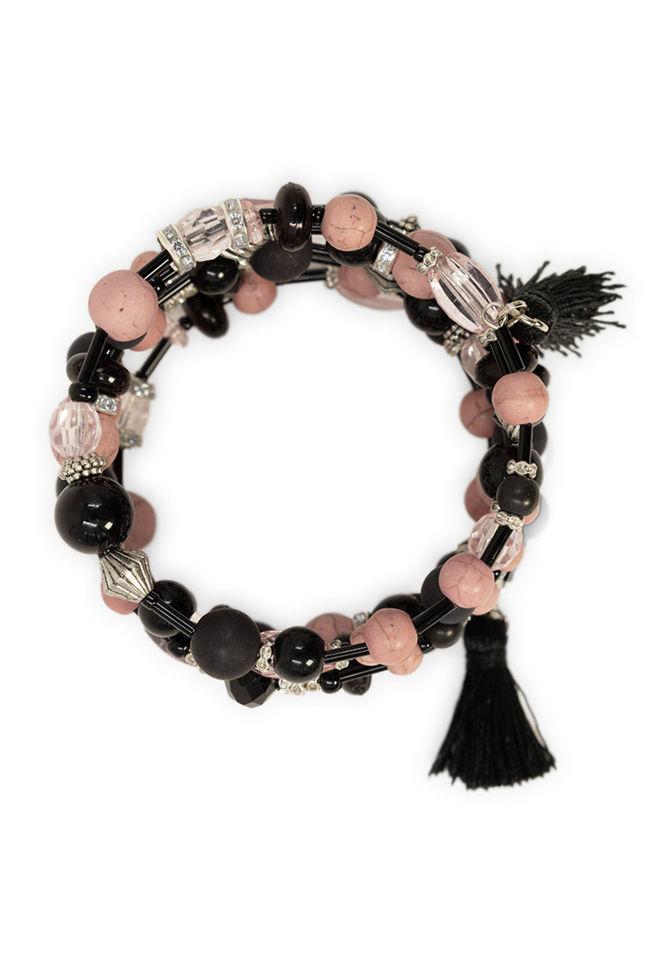 Pulsera bohemia envolvente con cuentas multicolor y borlas negras