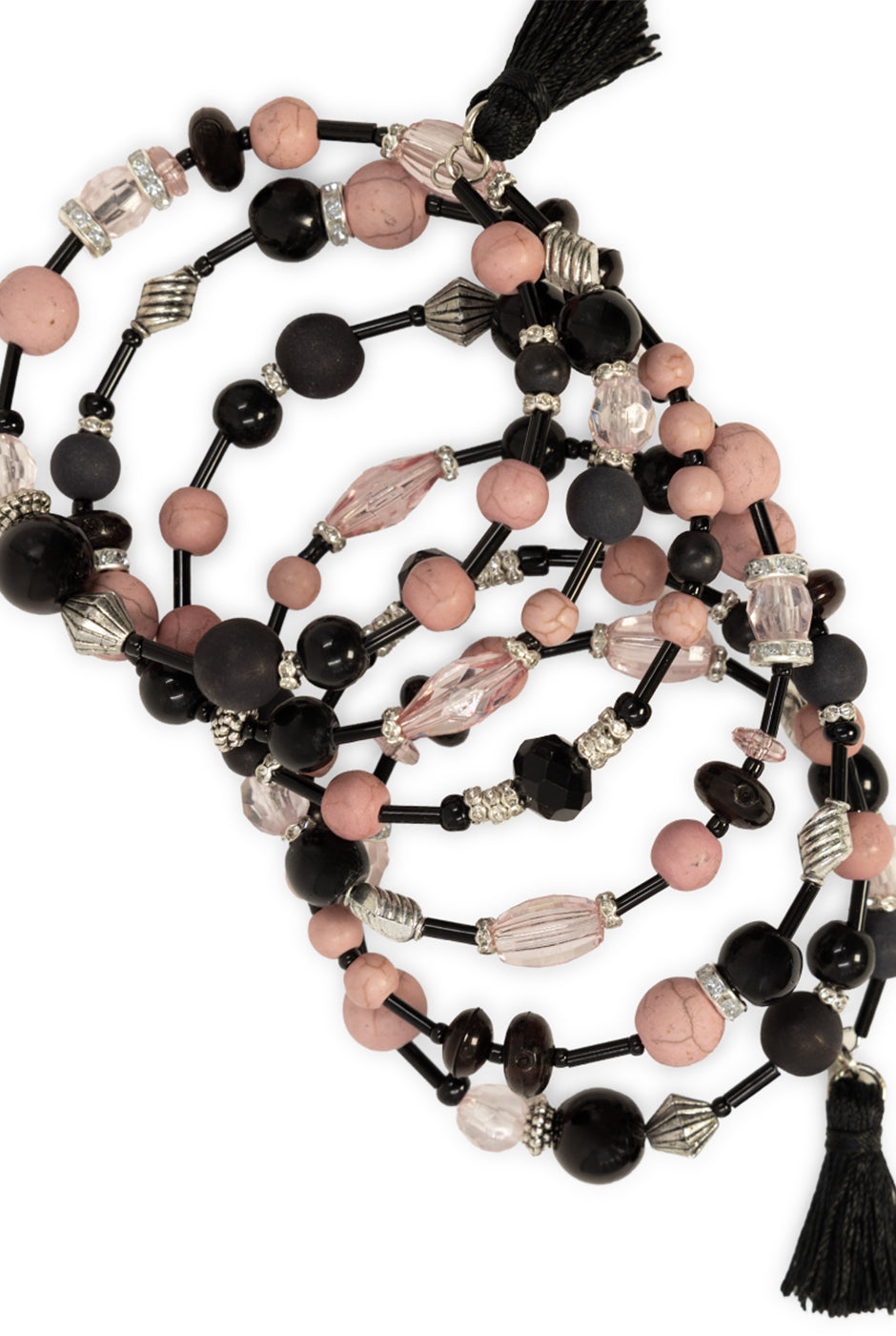 Pulsera bohemia envolvente con cuentas multicolor y borlas negras