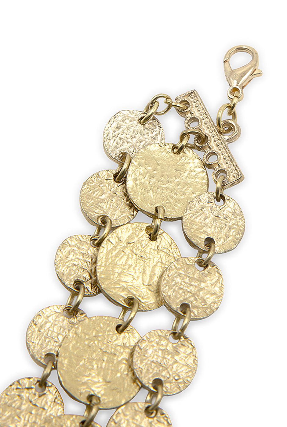 Pulsera dorada de tres capas con monedas y broche ajustable
