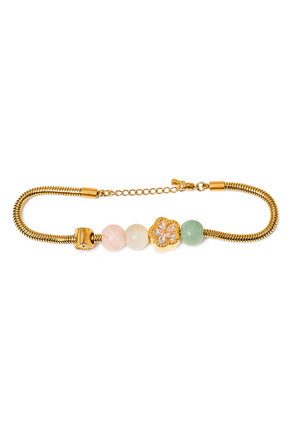 Pulsera dorada con cuentas de colores y flor incrustada