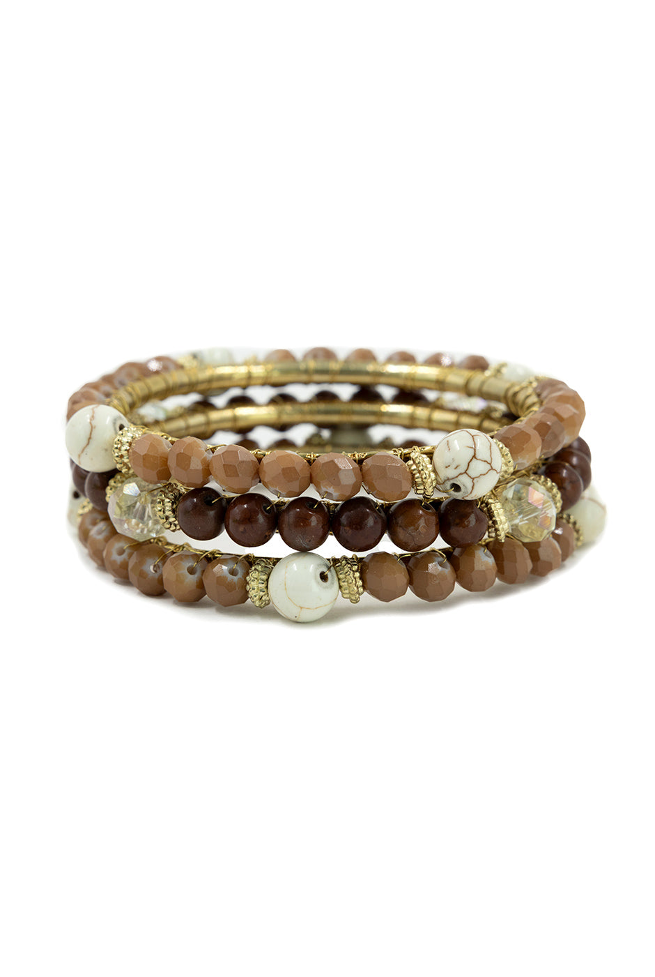 Set de tres pulseras marrones con cuentas y detalles dorados