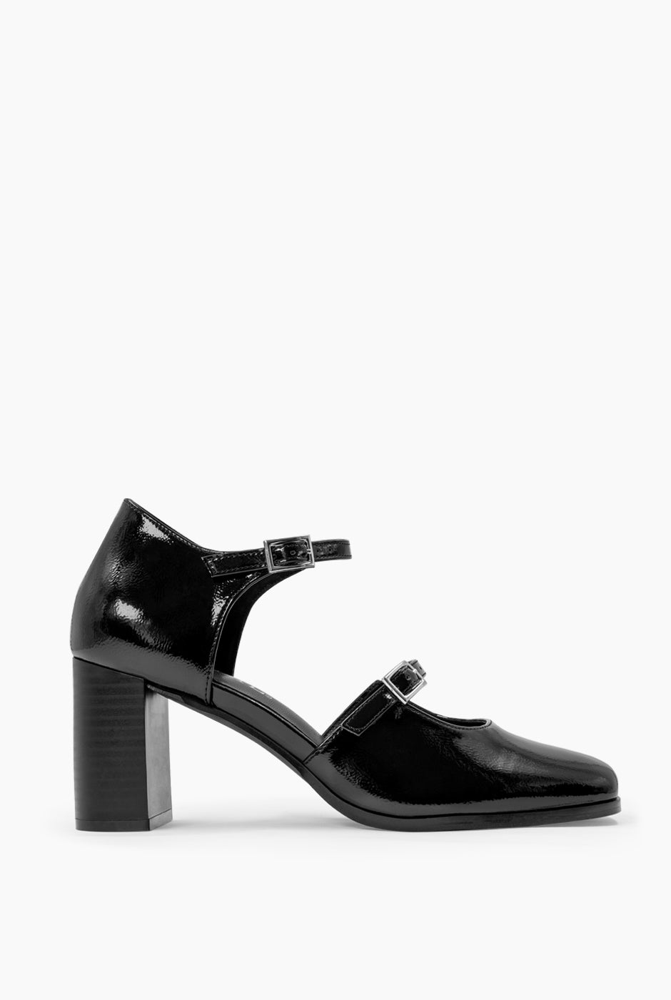 Zapato Mary Jane Heel negro con efecto charol y hebillas dobles