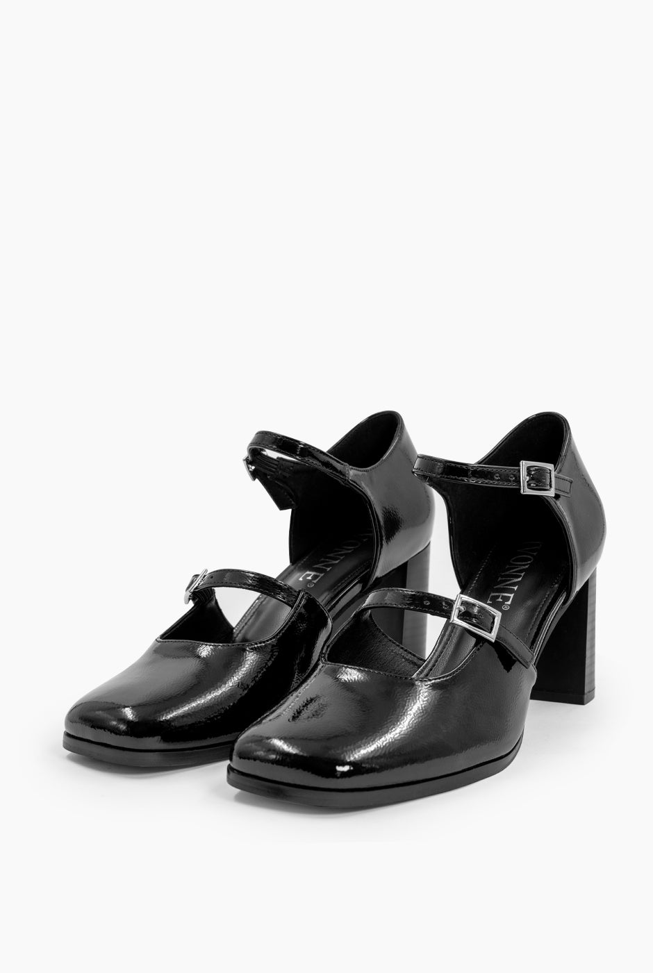 Zapato Mary Jane Heel negro con efecto charol y hebillas dobles