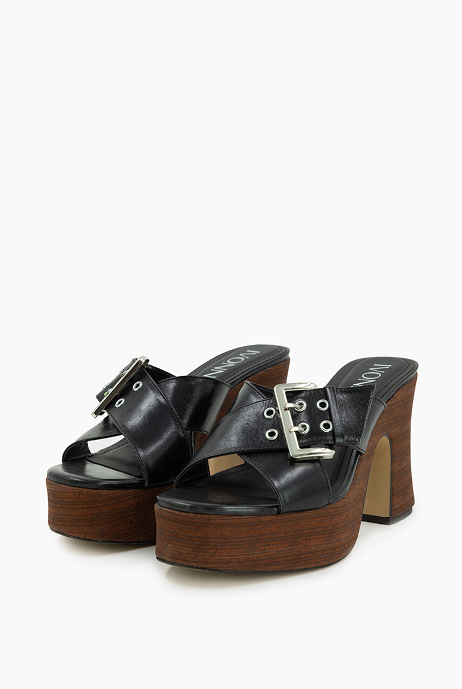 Sandalia Buckle Cinto con tacón de madera y cintas cruzadas