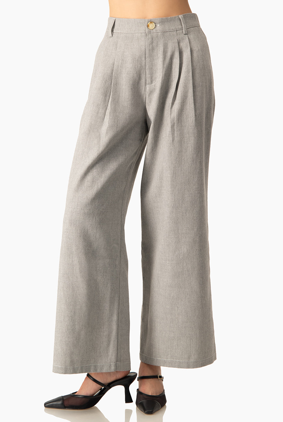 Pantalón palazzo denim gris con pinzas y pretina elástica