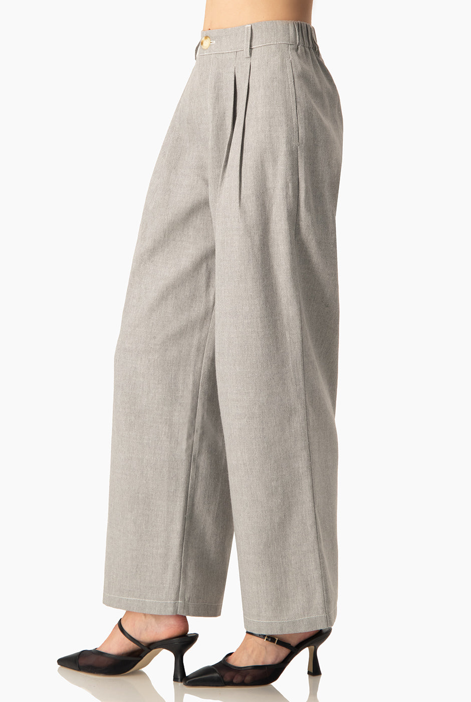 Pantalón palazzo denim gris con pinzas y pretina elástica