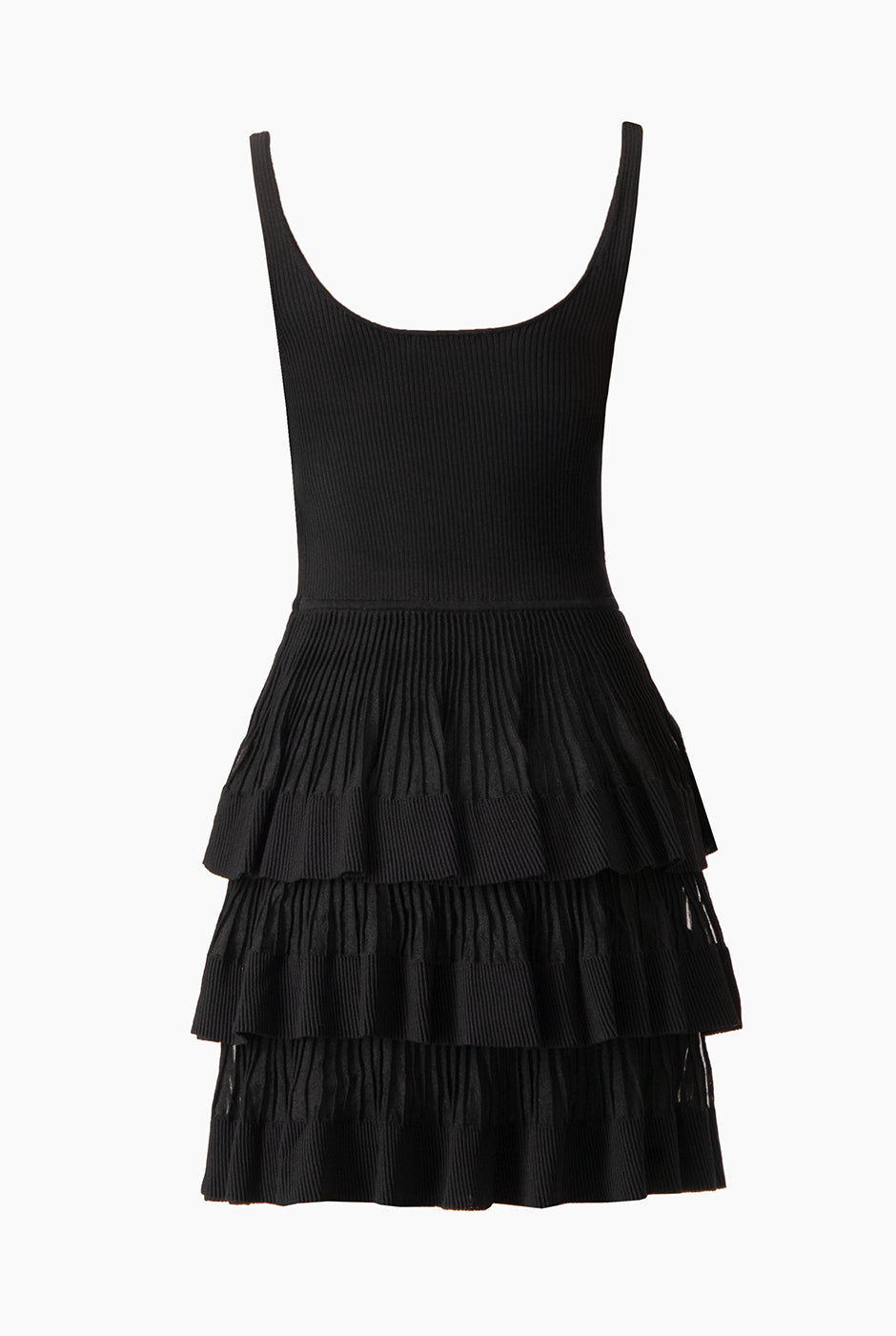 Vestido mini negro sin mangas con falda de olanes en mesh