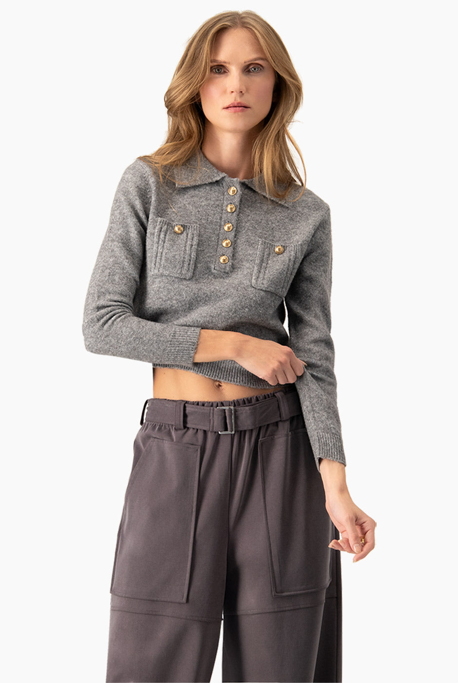 Suéter Shimmer Grey con brillo y botones dorados