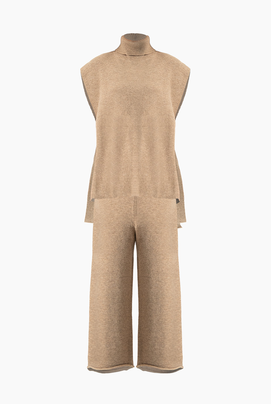 Set de chaleco beige de punto grueso con pantalón ancho