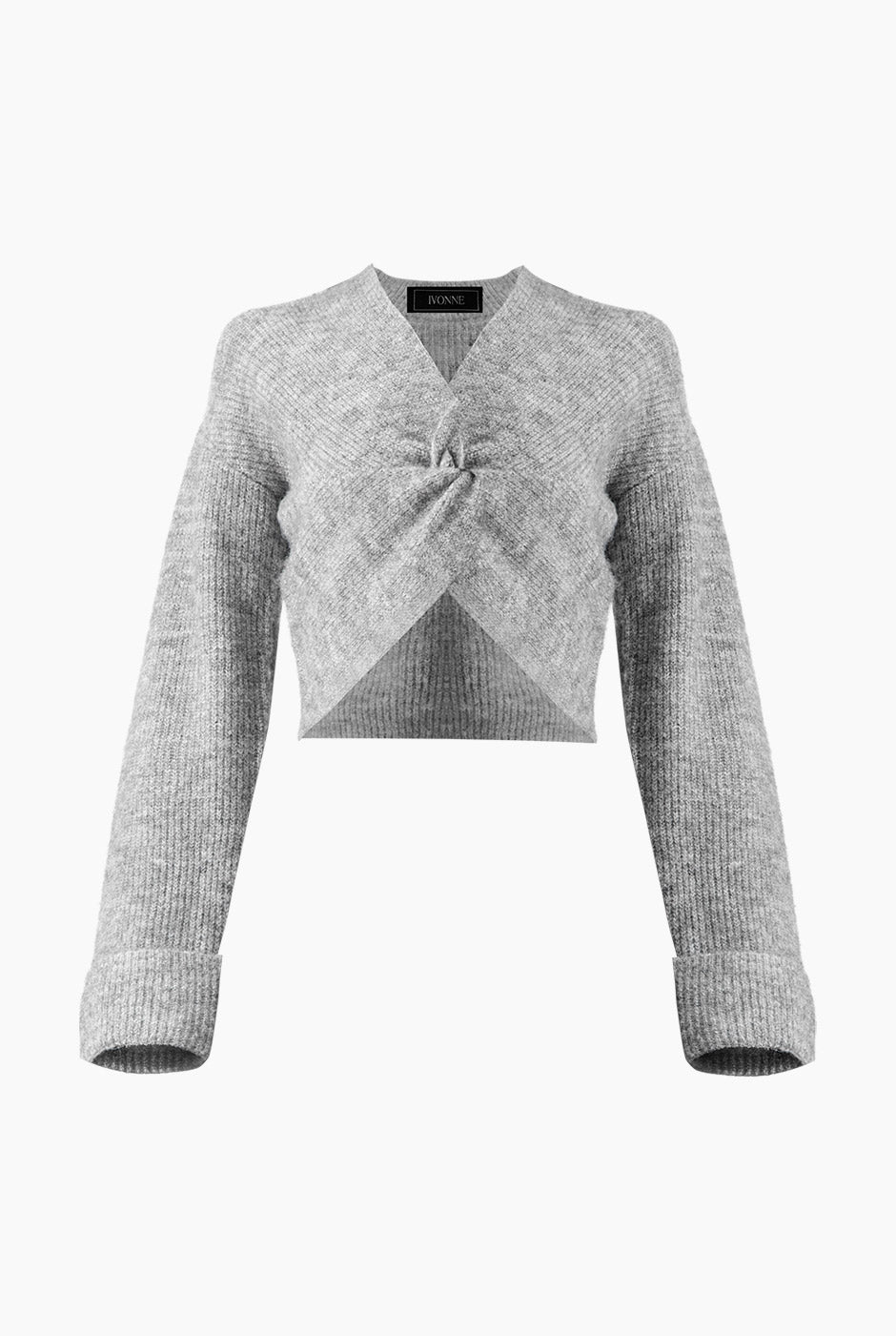 Suéter corto jaspe con diseño anudado y mangas largas