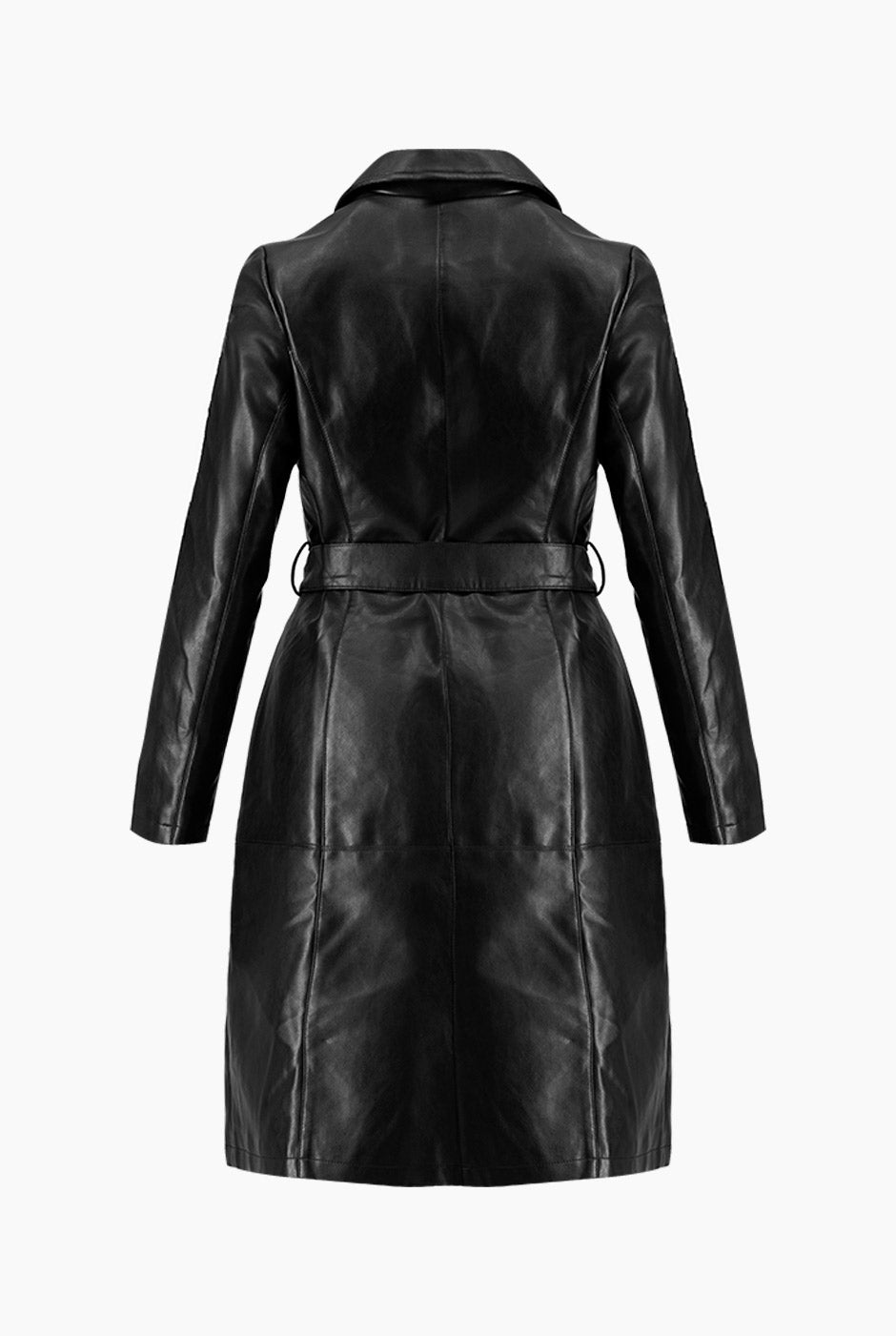 Abrigo negro de ecopiel con cinturón y botones frontales