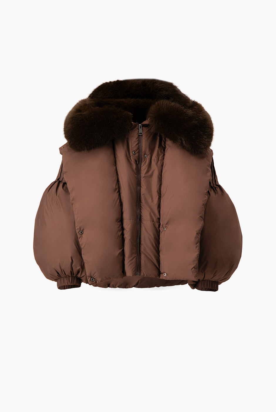 Chamarra café puffer con mangas abullonadas y cuello de pelo