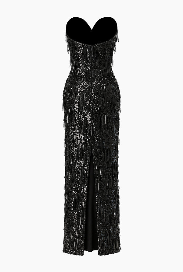 Vestido Couture largo de flecos