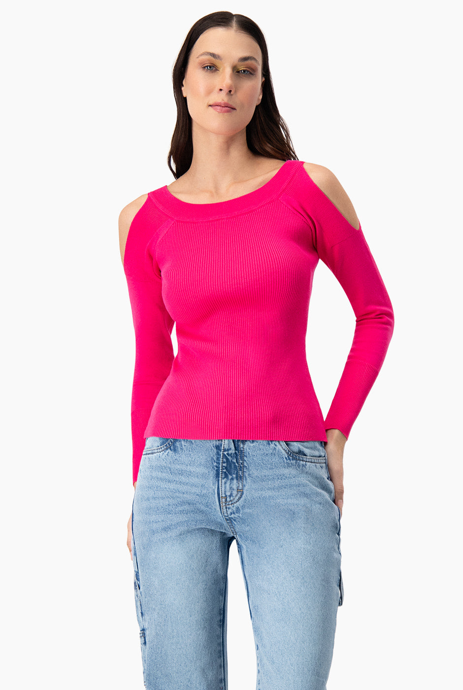 Blusa recta de manga larga y hombro descubierto fucsia