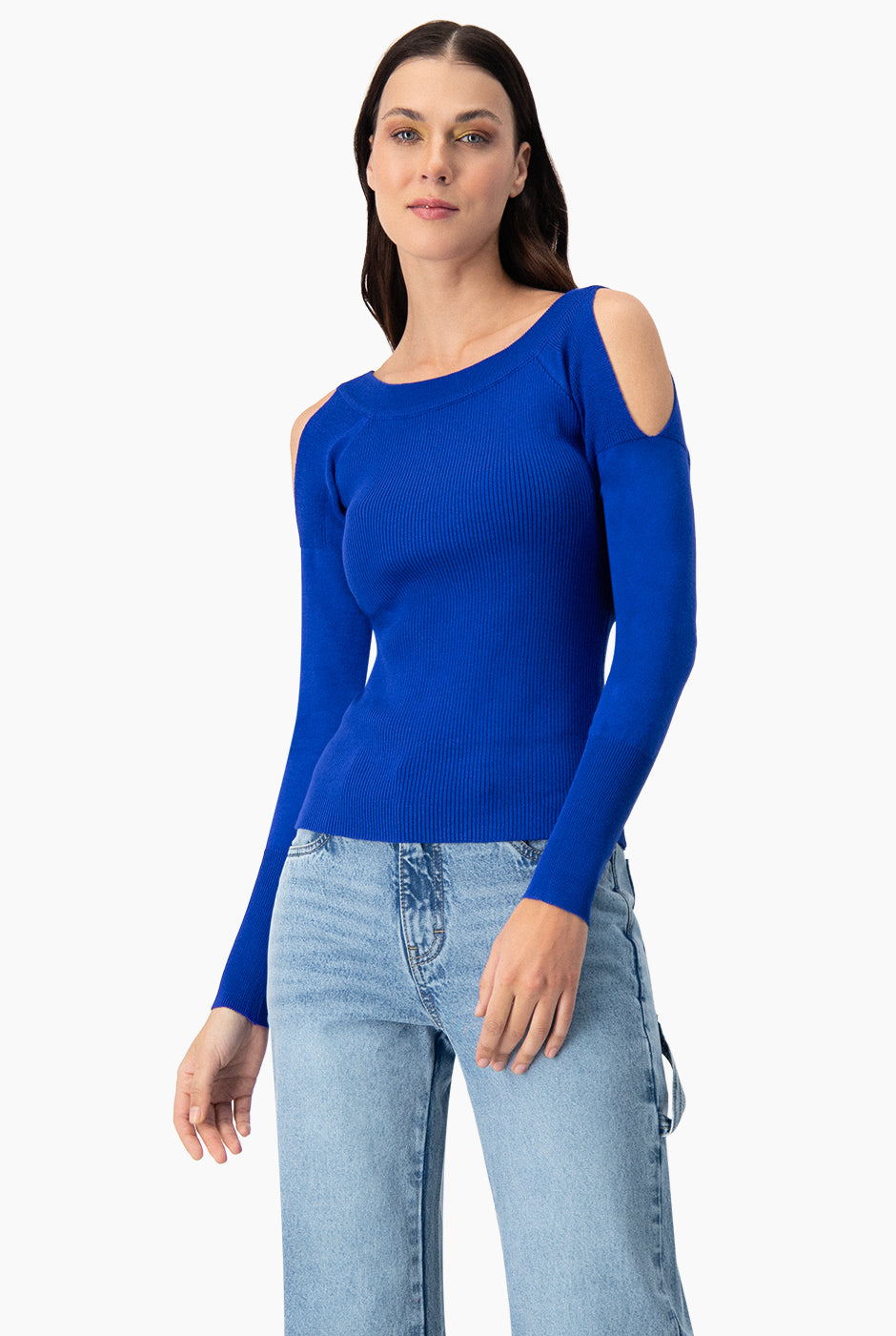 Blusa recta de manga larga y hombro descubierto azul