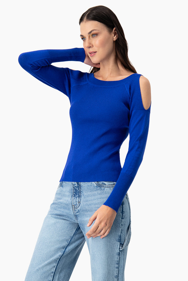 Blusa recta de manga larga y hombro descubierto azul