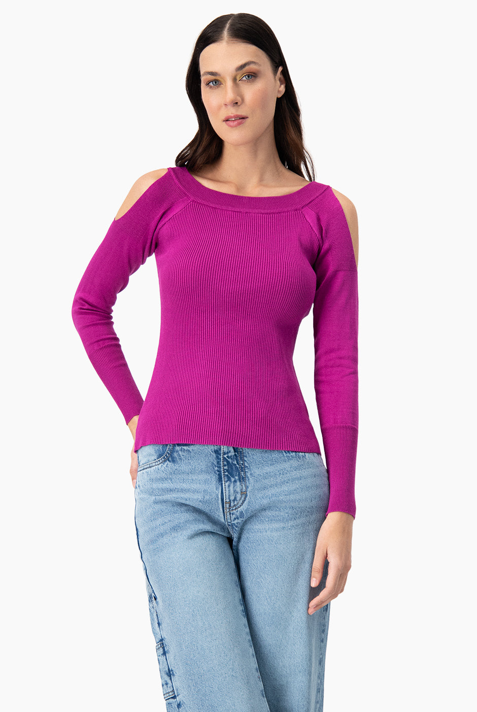 Blusa recta de manga larga y hombro descubierto morado