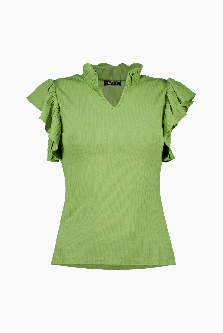 Blusa recta verde con volantes en sisa y cuello