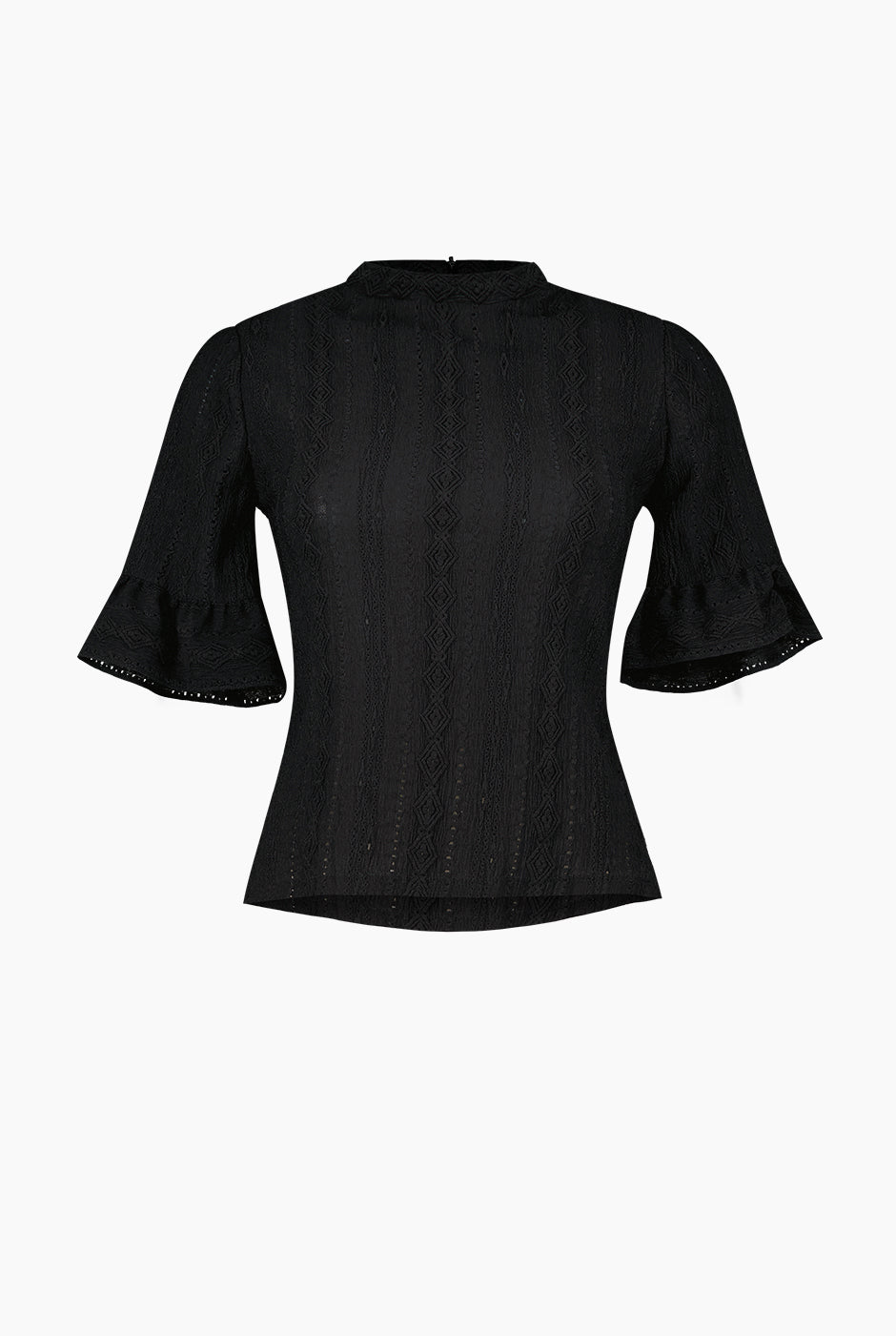 Blusa corta negra de manga corta con olanes