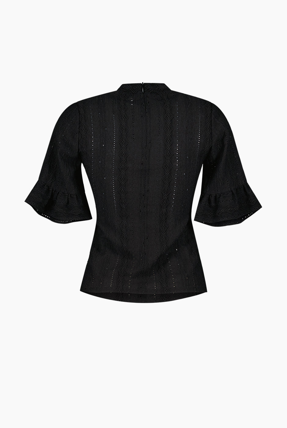 Blusa corta negra de manga corta con olanes