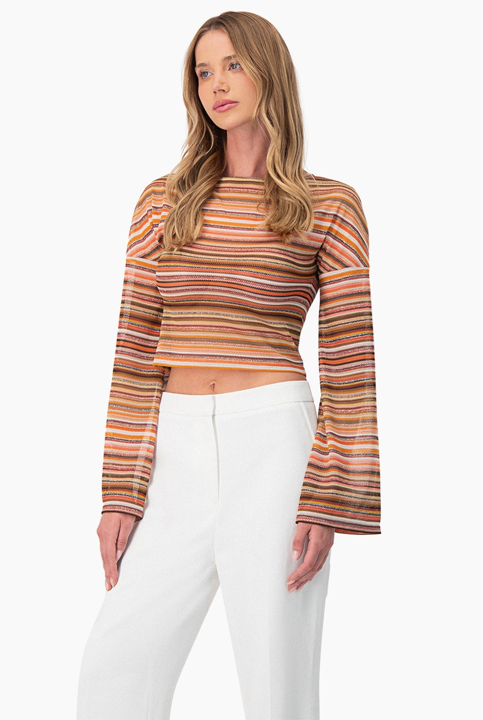 Blusa corta tejida multicolor de manga larga acampanada