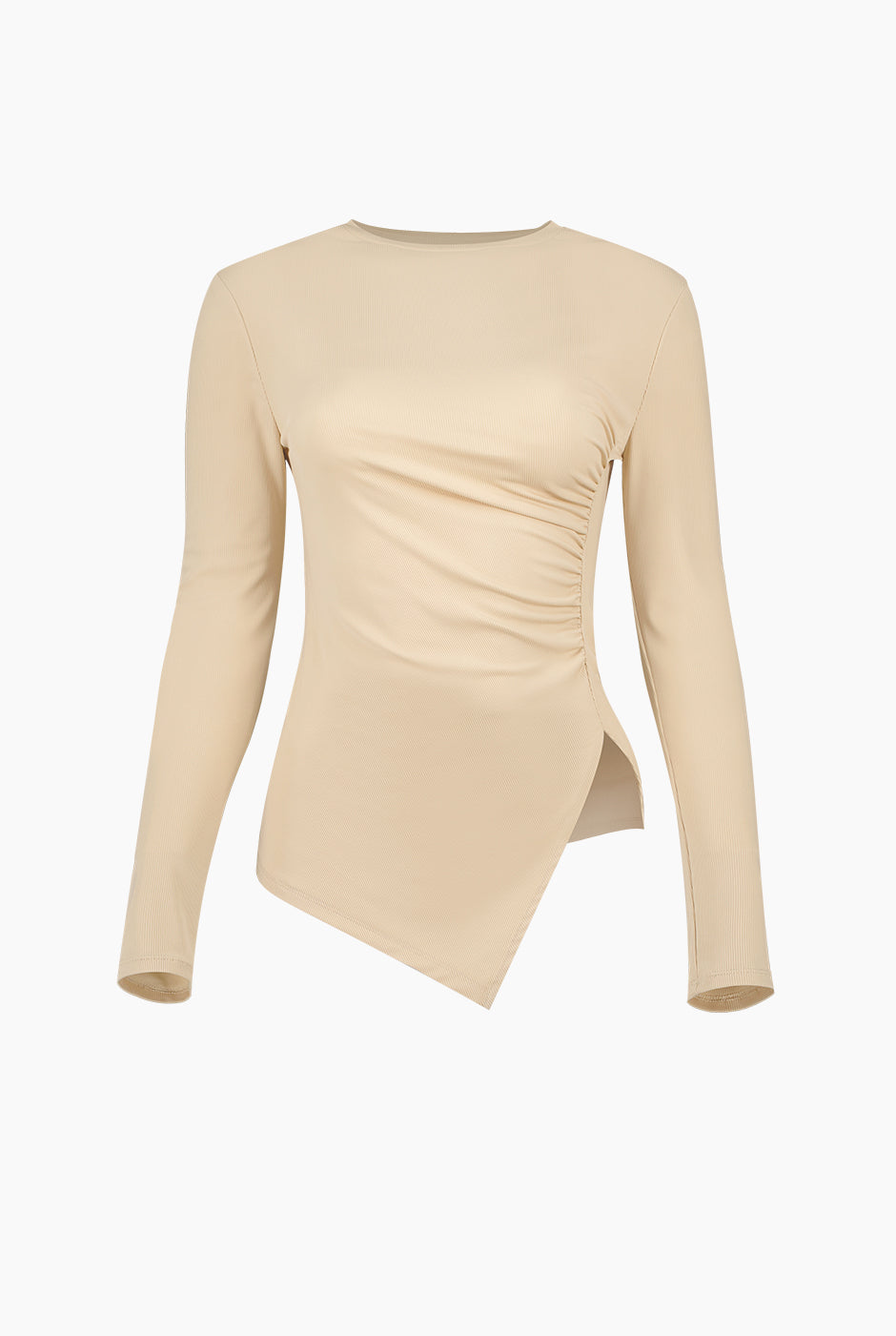 Blusa beige de cuello redondo y manga larga