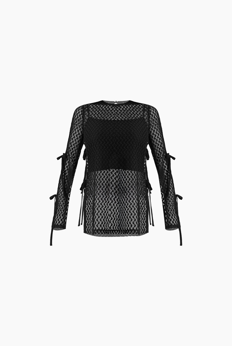 Blusón negro tejido con amarres y encaje elegante