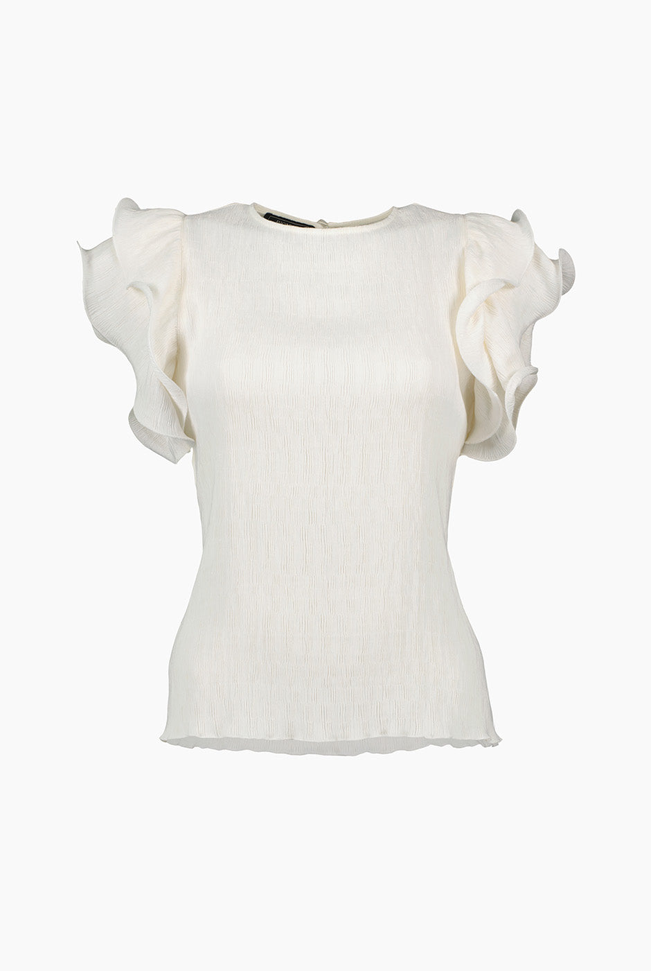 Blusa de manga volantes en color natural con cuello redondo