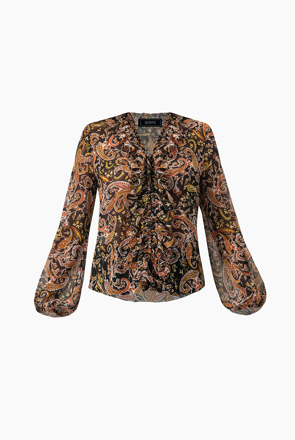 Blusa estampada multicolor con escote en V y volantes