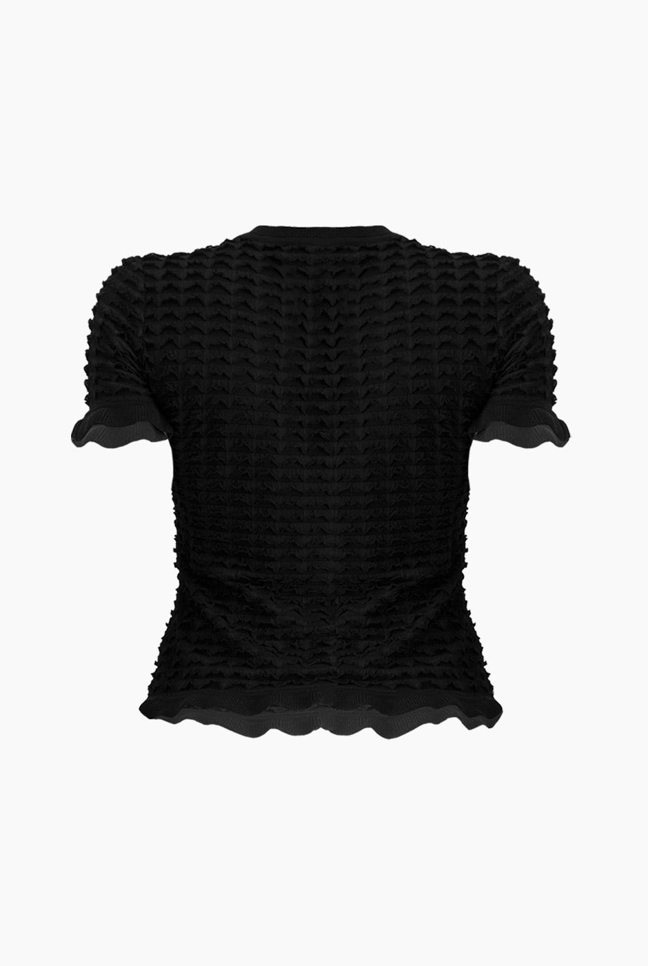Blusa tejida negra con olanes y textura acanalada