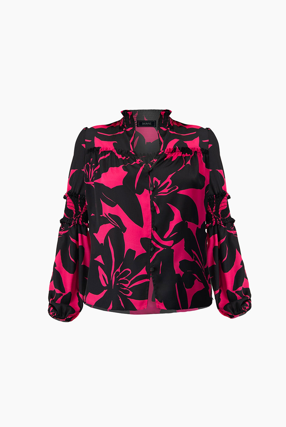 Blusa fucsia de manga larga con estampado floral y smock