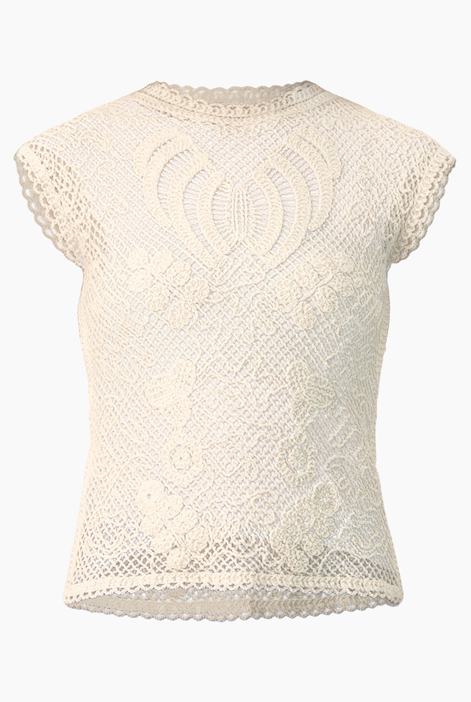 Blusa crochet natural con diseño floral y cuello decorado