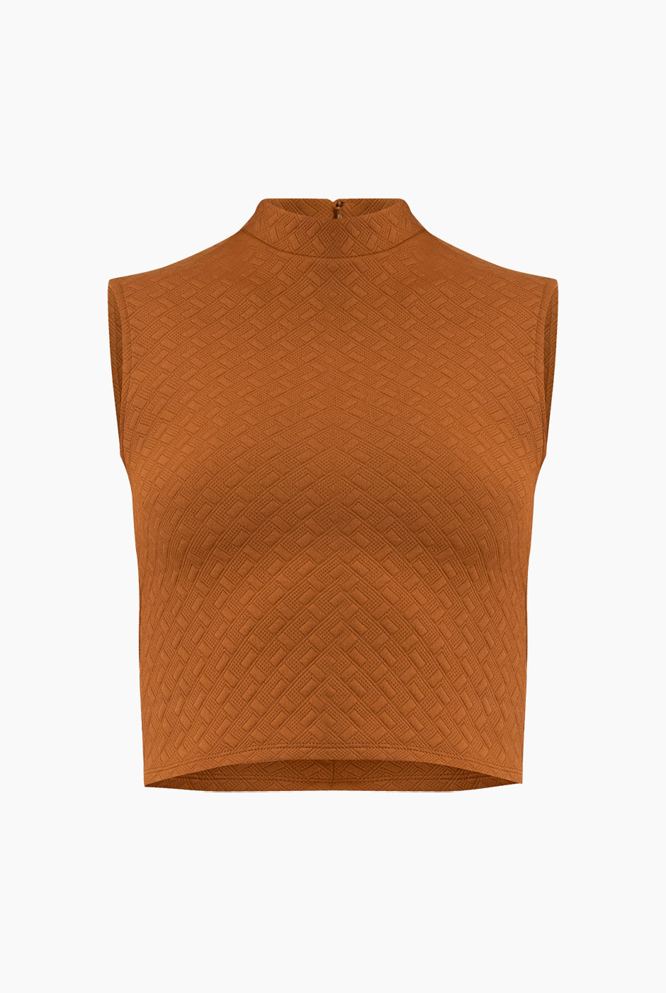 Top corto tejido café sin mangas con textura geométrica