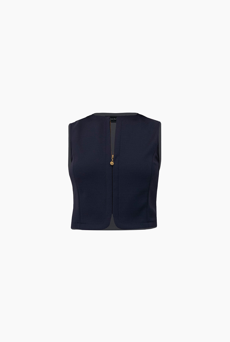 Top corto azul marino con cierre frontal y sin mangas