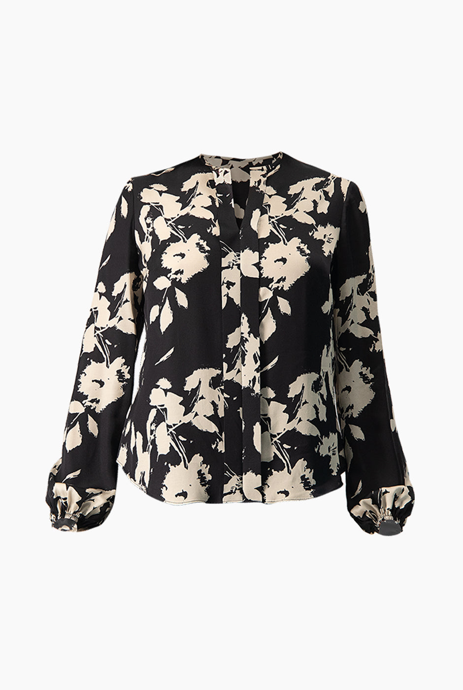 Blusa recta negra con estampado floral blanco y negro, manga larga