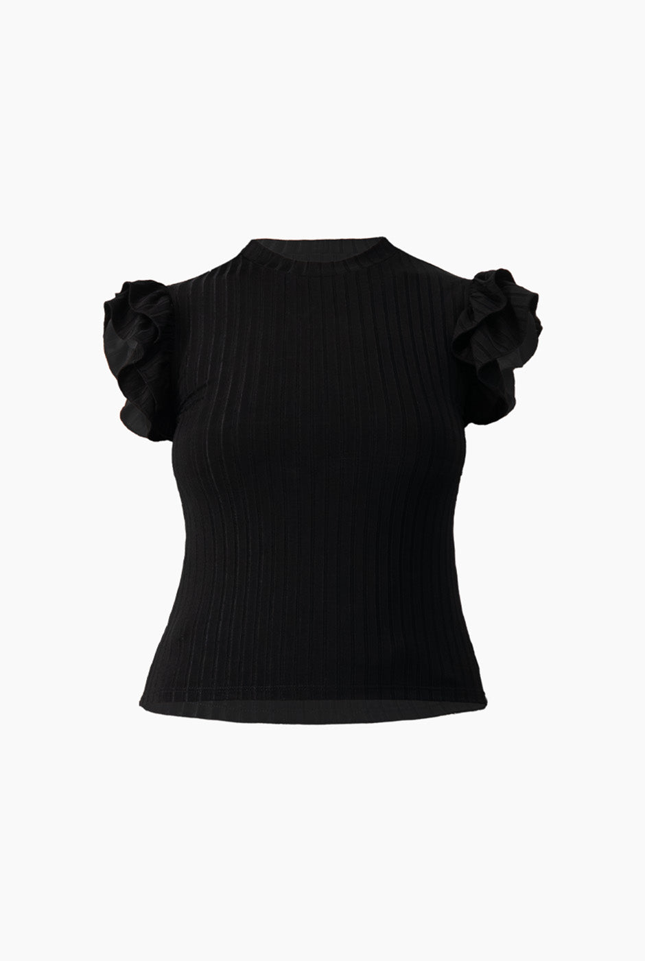 Blusa negra acanalada con volantes en los hombros