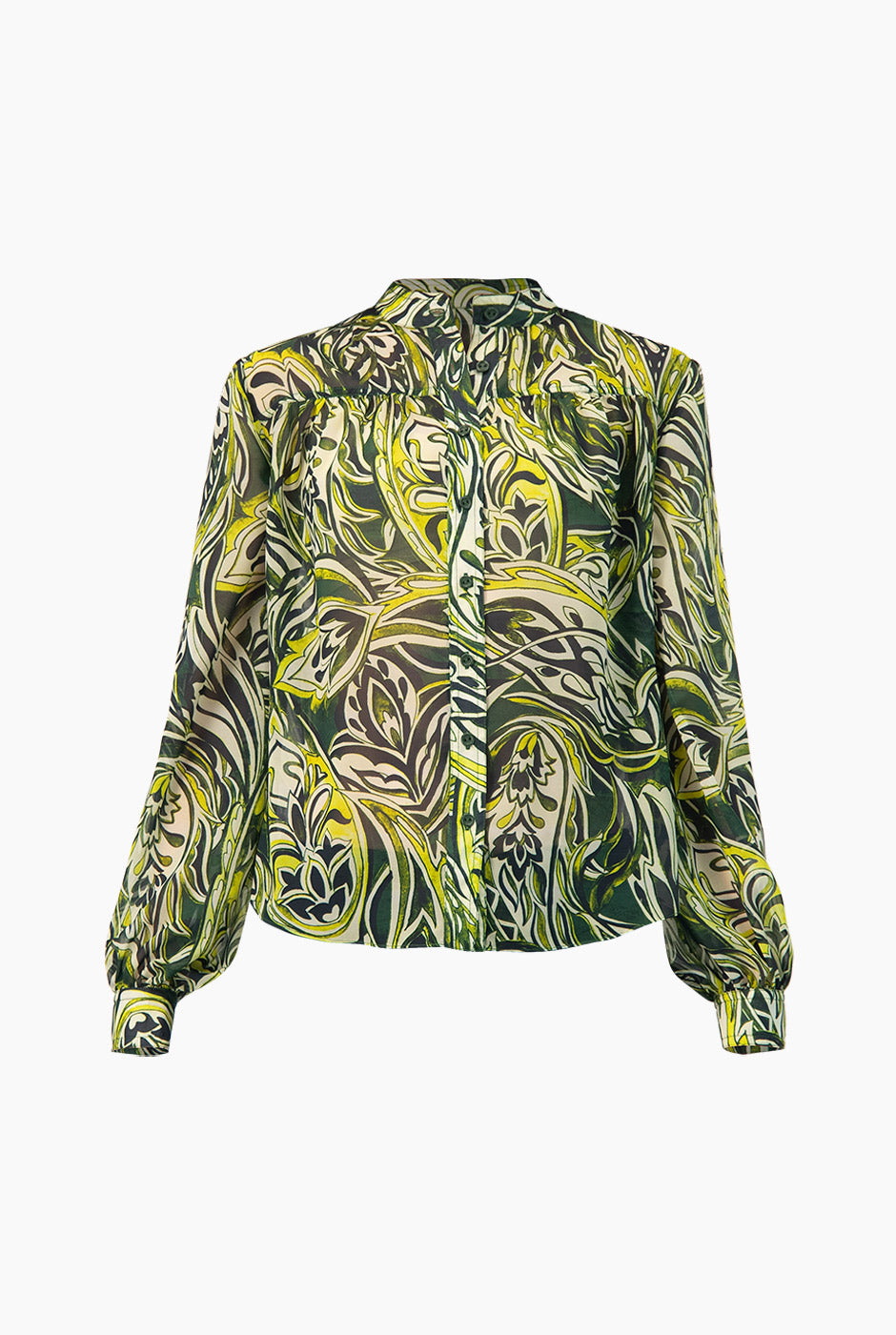 Blusa estampada verde de manga larga y botones frontales