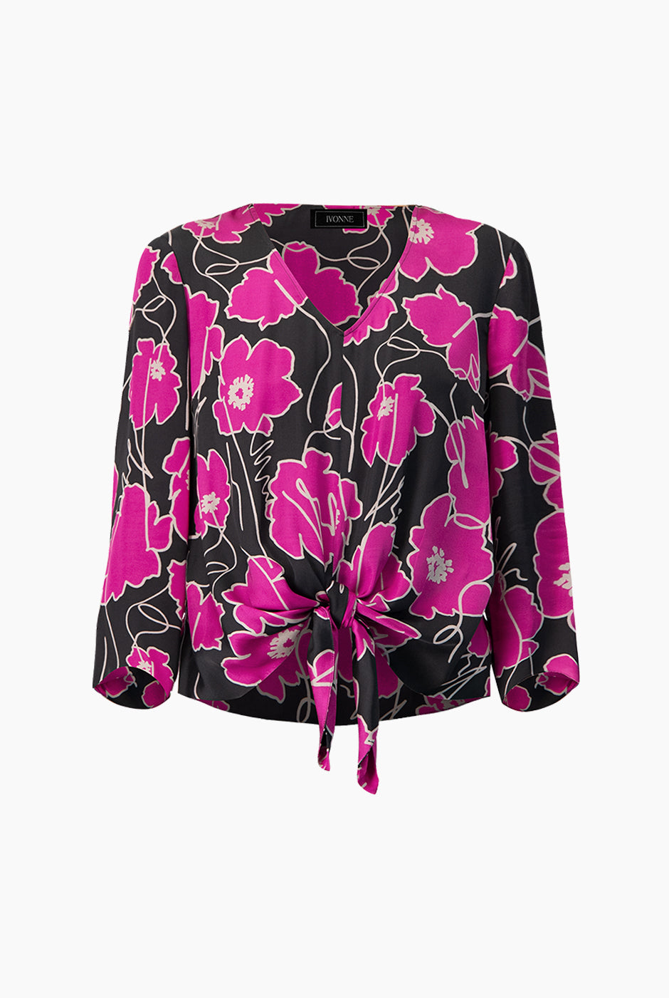 Blusa fucsia con estampado floral y escote en V