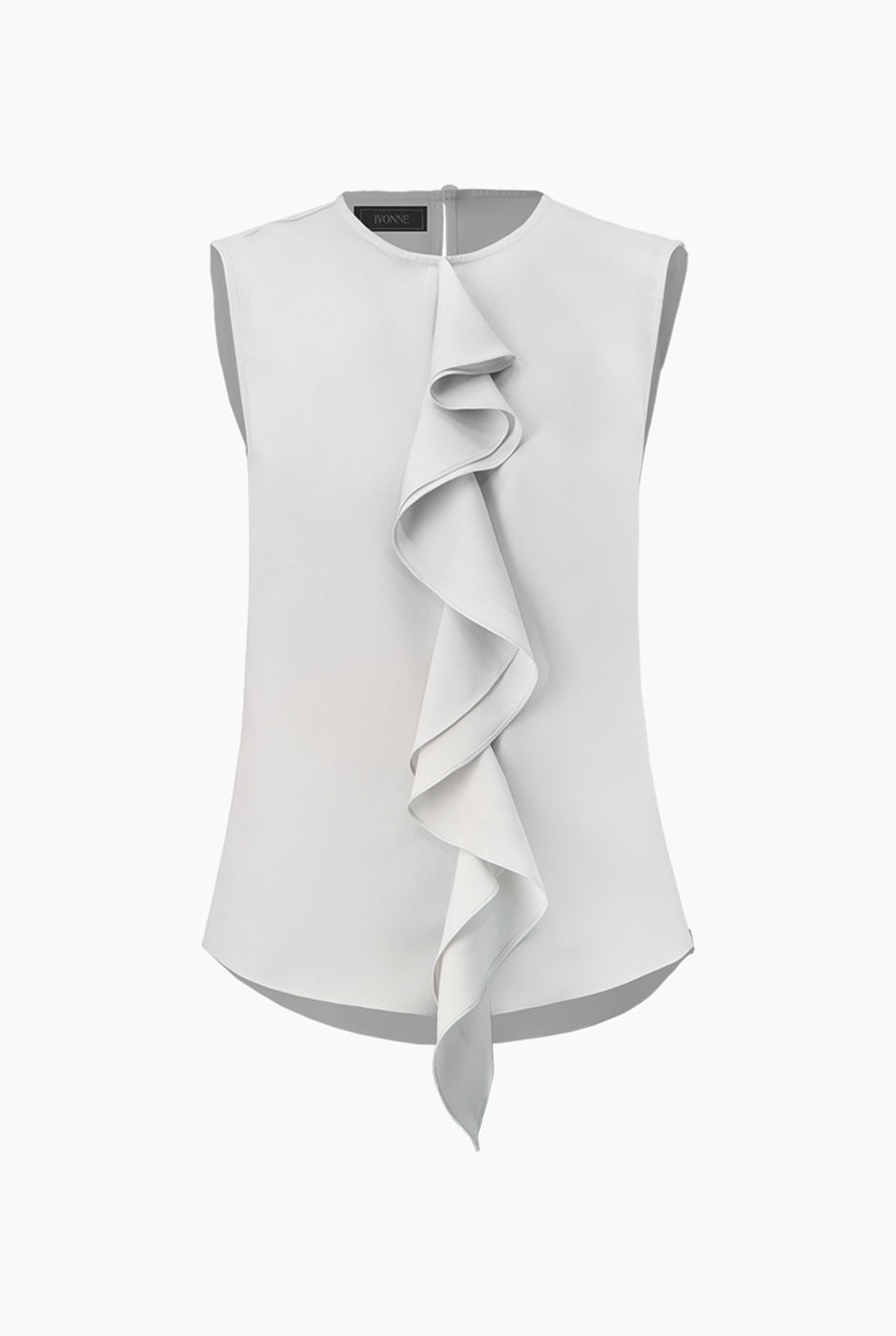 Blusa recta gris sin mangas con detalle de olan en el pecho