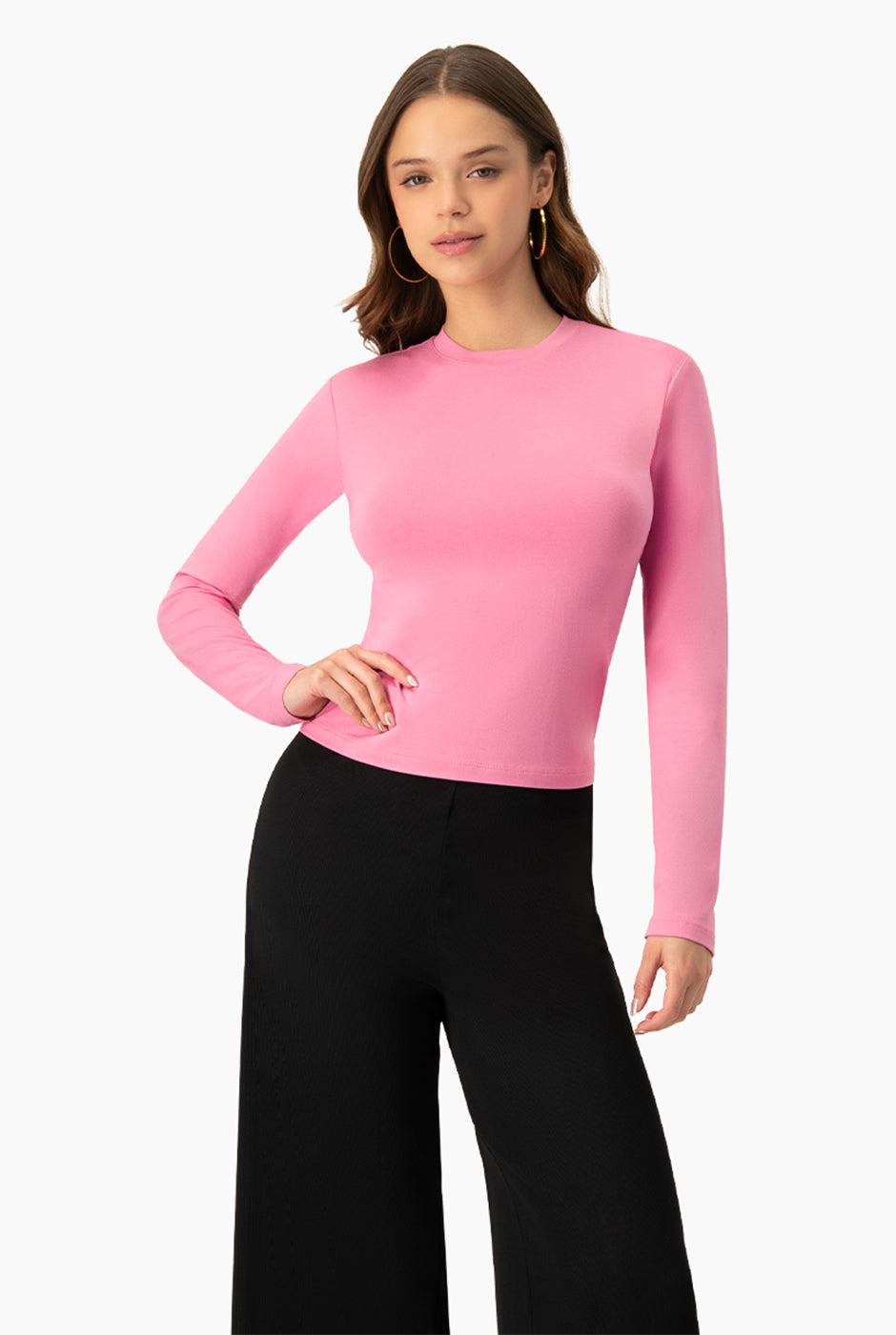 Playera básica rosa de manga larga casual