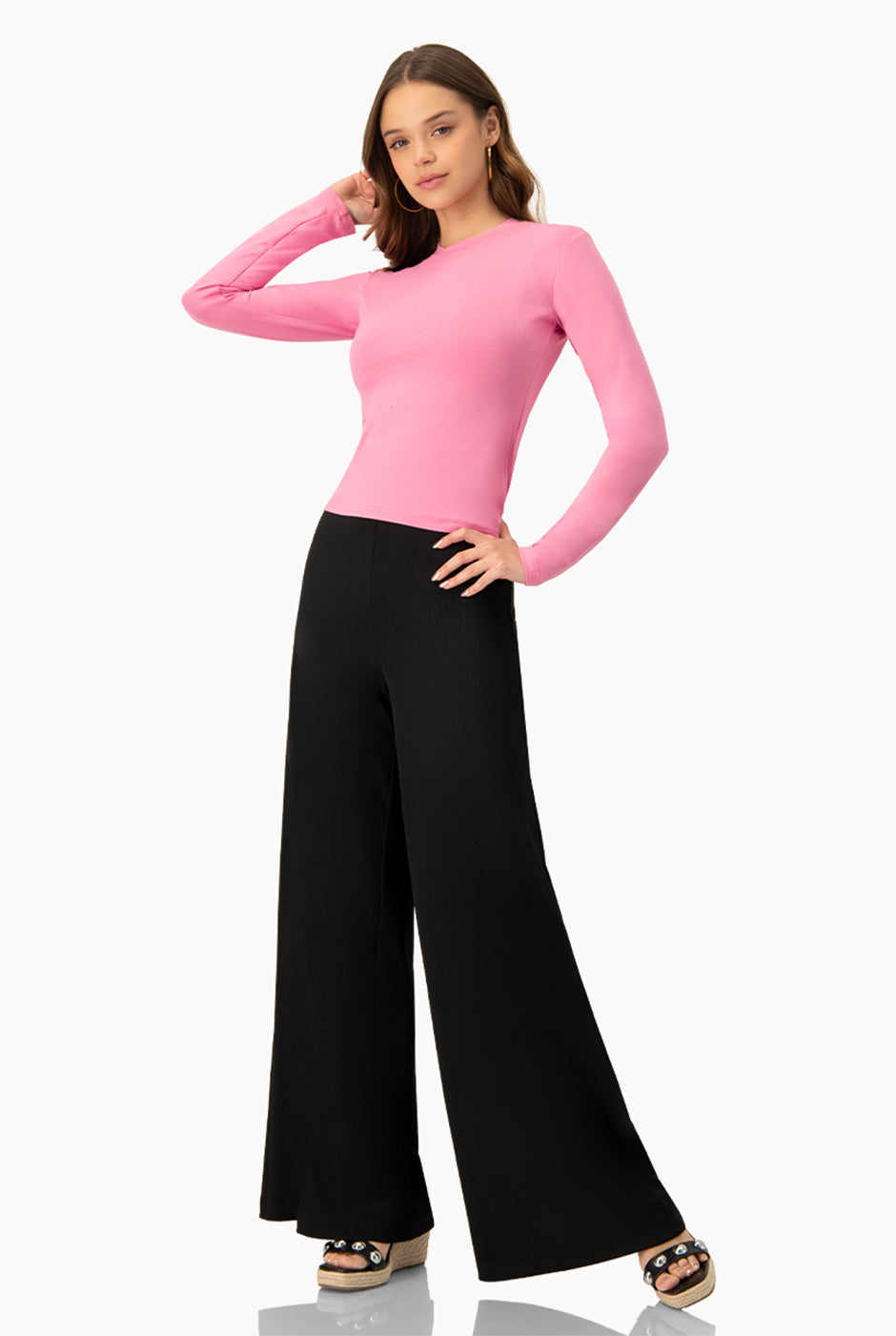 Playera básica rosa de manga larga casual