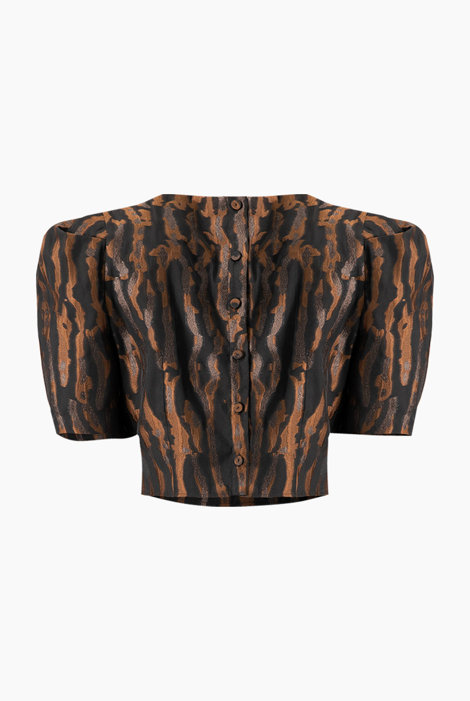 Blusa corta negra de manga globo con estampado animal print y botones traseros