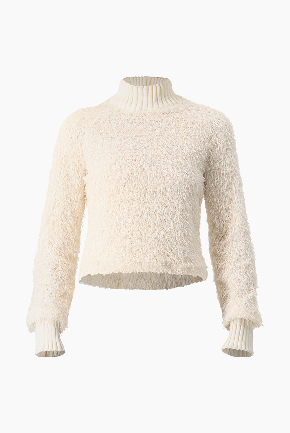 Blusa de flecos marfil, manga larga y cuello alto