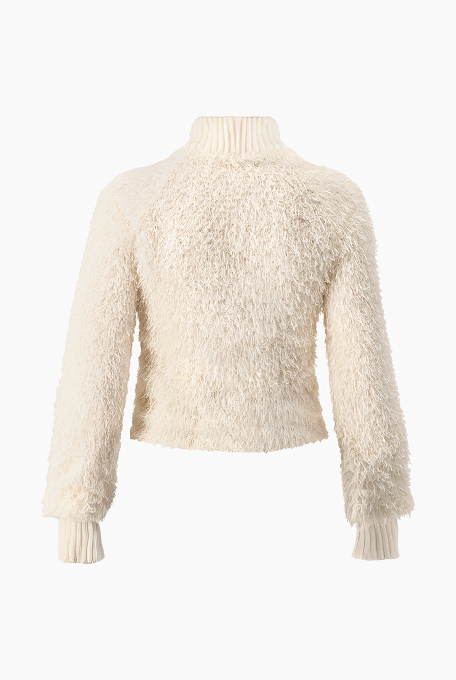 Blusa de flecos marfil, manga larga y cuello alto