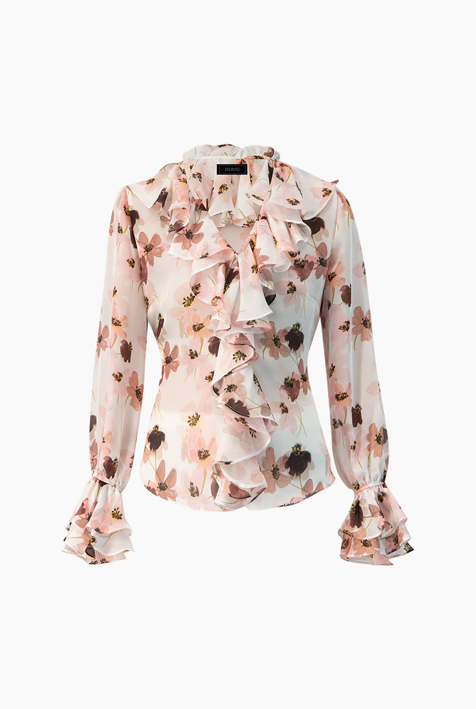 Blusa estampada multicolor con escote en V y olanes