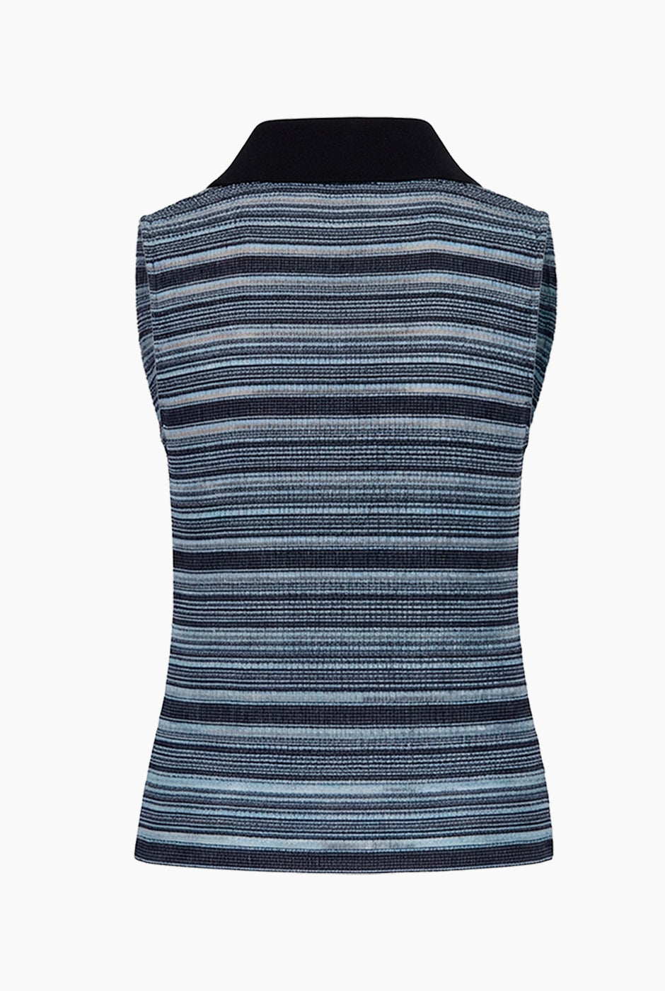Blusa tejida azul sin mangas con cuello camisero y rayas horizontales