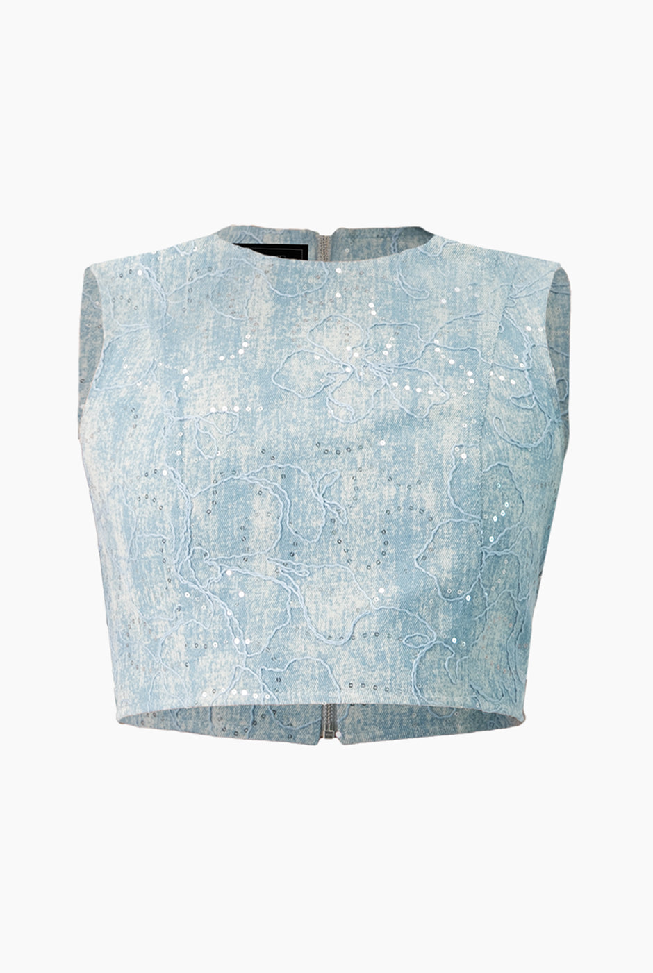 Top denim corto azul sin mangas con cierre trasero