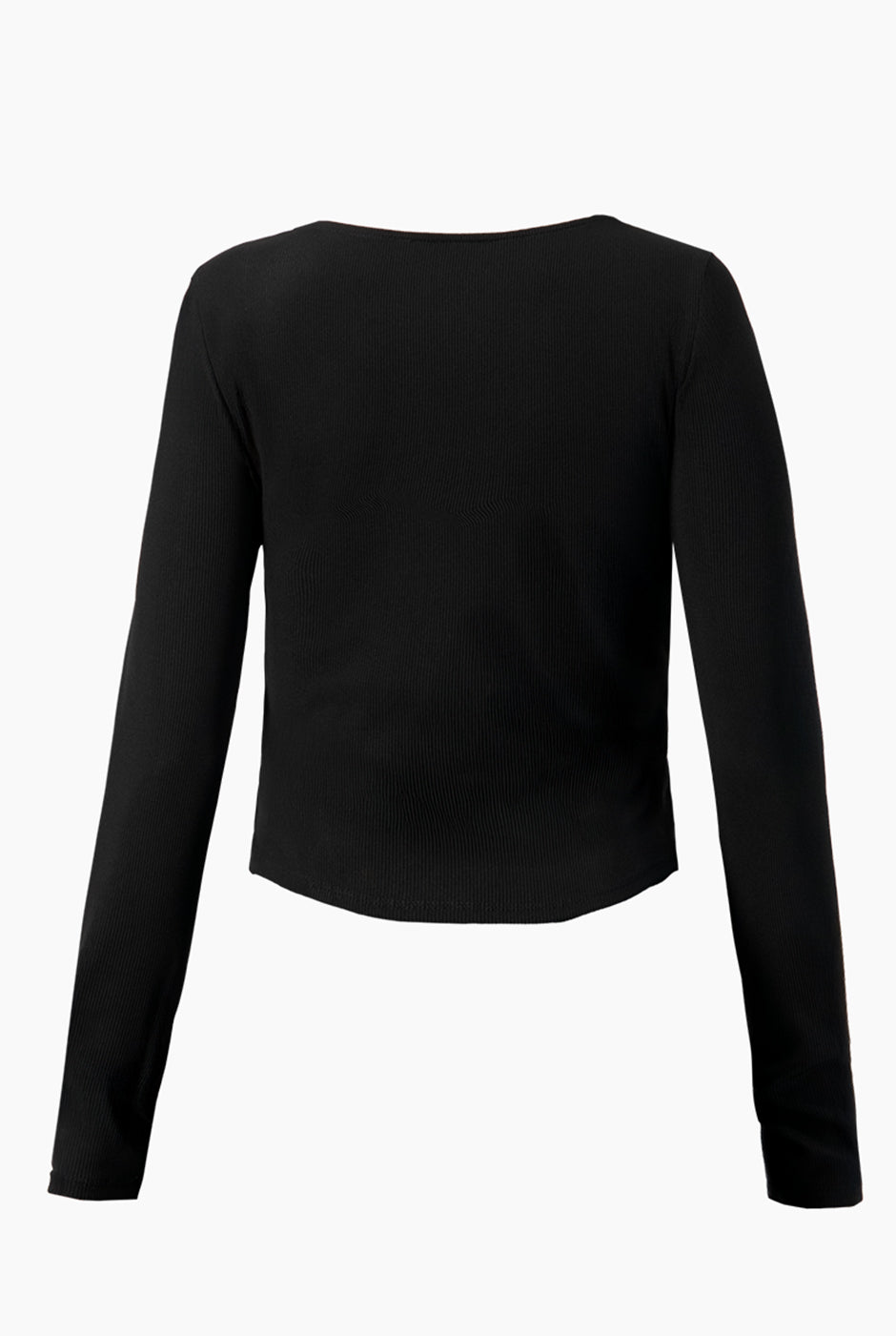 Top corto negro de manga larga y escote redondo, estilo casual.