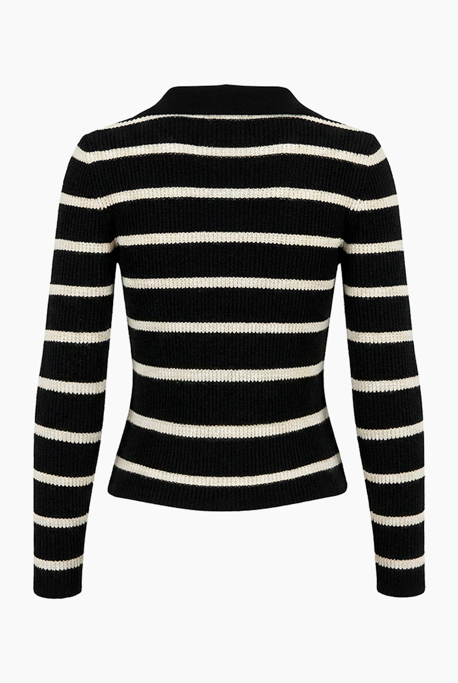 Blusa tejida negra de rayas con cuello camisero y mangas largas